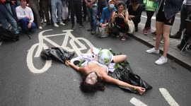 Almost-dead forest simulated by Extinction Rebellion protestor outside Brazilian Embassy in London