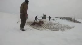 Horses rescued from certain death after they fall through river ice in Russia