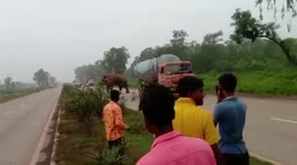 Van nearly topples after being pushed by furious elephant