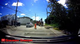 Idiot in a hurry flies through construction work site