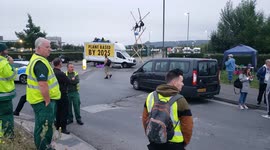 Aylesbury, UK. 31 August 2021. Animal Rebellion blockaded the entrance to Arla Aylesbury with bamboo structures, concrete blocks and a van.