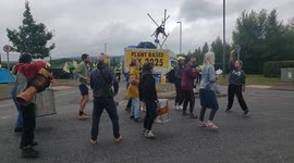 Aylesbury, UK. 31 August 2021. Animal Rebellion blockaded the entrance to Arla Aylesbury with bamboo structures, concrete blocks and a van.