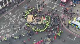 Aerial view of Extinction Rebellion protesters blocking London Bridge area