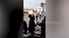 Flash flood fills factory after heavy rainstorm in Thailand
