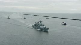 The LE Samuel Beckett arrives in Dublin for Irish Navy's 75th anniversary ceremony