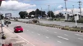 Motorcycle rider pulls away from junction moments before lorry shunt crash