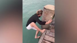 Brave local climbs down pier to save cat stuck in sea