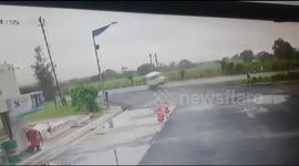 Shocking moment as car overturned & driver survives in western India.