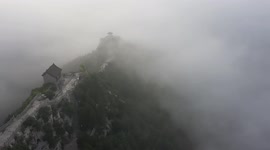Drone footage shows the view of clouds at the summit of Yunmen Mountain in Shandong, China