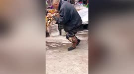 独腿老人自制简易假肢推车摆摊