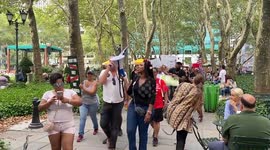 Anti-vax protest in Bryant Park, NYC, US