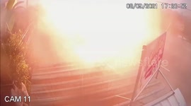 Lighting bolt zaps electricity pole during thunderstorm in Thailand