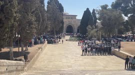 Palestinian Muslim worshipers perform the Friday prayer at Al-Aqsa Mosque complex
