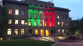 The McDougall Center in Calgary, Canada illuminated with the colors of the Mexican flag on Mexico's Independence Day