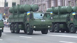 Military vehicles at the parade in Kyiv, Ukraine