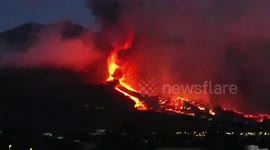 Intense flaming lava shoots out of La Palma volcano