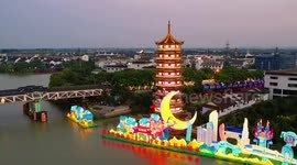 Aerial Footage Of Zhouzhuang Ancient Town Light Show, China