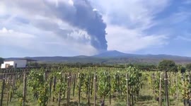 The new eruption of Mount Etna against the backdrop of plantations in Sicily, Italy