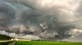 Shelf cloud in storm chase in italy, pushing strong winds following a severe warned thunderstorm
