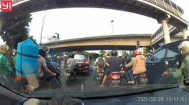 Hit and Run Accident Between Two Motorcycles In West Jakarta Indonesia Recorded by Car Cctv Camera