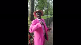 Colourful 'Mr Bertie Bassett' arrives at Speakers Corner, Hyde Park, London