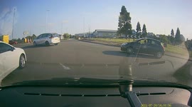 Road Rage. Dangerous driver looking for trouble on the busy road. Looking more like Crash for Cash