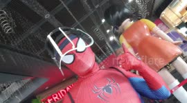 Shopper wearing Spider Man suit visits real-life Squid Game doll outside Philippines mall