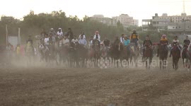 Palestinians ride horses and camels during a local race