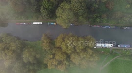 Drone Shot over Barges on the River Lea on a Foggy Autumn Day