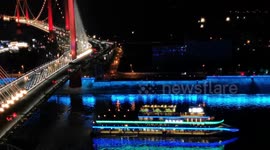 Tourist Boats Pass Three Gorges In Yichang, China