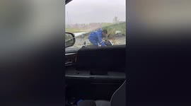Chinese motorists drive alongside deliveryman to shield him from Typhoon Kompasu winds