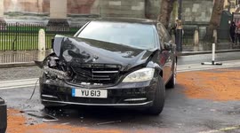Police close road to Parliament Square as car accident causes oil leakage on road