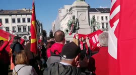 Demonstrators in Brussels sing 'Bella Ciao' in solidarity with Italian trade union CGIL, after extremists stormed into main headquarter last week