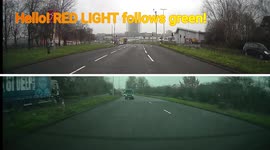 Light goes red but the van behind has to swerve to miss the car stopping