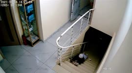 Woman slides down stairs in comical fashion after trying to protect new phone