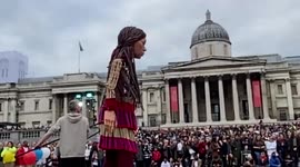 Little Amal celebrated 10th birthday at London’s Teafalgar Square with hundreds of people