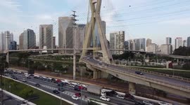 Aerial view of the Estaiada Bridge in Sao Paulo, Brazil