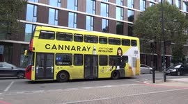Yellow double decker bus advertises Cannaray CBD Revolution with Claudia Winkleman