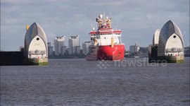 Polar Research Vessel RRS Sir David Attenborough arrives on the River Thames in London on it's first ever visit