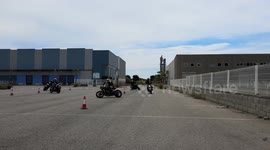 Driving course with cones. Gincana motorcycle in open space at low speed