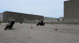 Driving course with cones. Gincana motorcycle in open space at low speed
