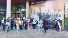 Protesters gather outside BBC studios in Manchester over article deemed transphobic
