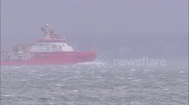 Polar research ship Sir David Attenborough / Boat McBoatface departs Thames after maiden London visit, UK