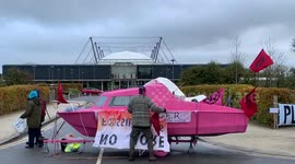 Extinction Rebellion XR activists block the entrance to the Schlumberger Gould research centre in Cambridge