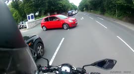 Six-day-old motorcycle crashes head-first into car