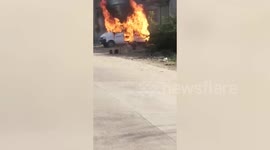 Van catches on fire while getting fuel in central India
