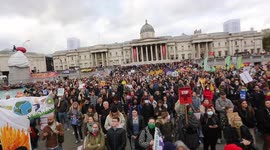 Climate protesters stage a rally in London's Trafalgar Square on Global Day of Action for Climate Justice