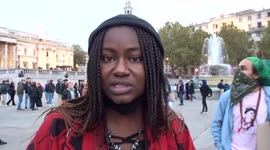 Adetola Anamade of Global Majority VS UK Government campaign speaks out about climate crisis and human rights in Trafalgar Square