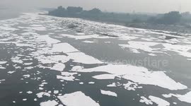 Toxic foam floats on sacred Yamuna river as devotees prepare for ritual swim