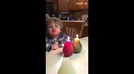 Funny toddler desperately wants to blow out candles but cannot